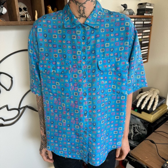 Vintage 80s 90s Blue Silk Multicolor Geometric Abstract S/S Button Down ~ Size L - Picture 3 of 9